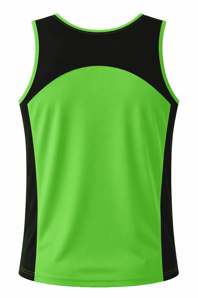 A bright green singlet with black accents on the shoulders and back, featuring a logo.
