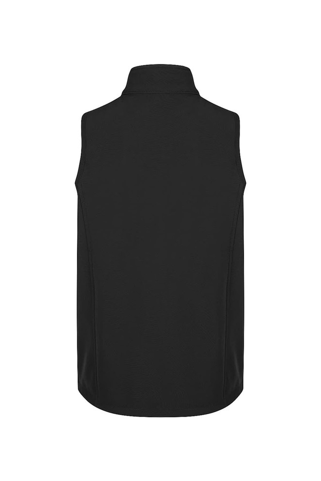 A black kids' vest featuring a high collar and a smooth fabric design. The vest has a simple, unadorned appearance.