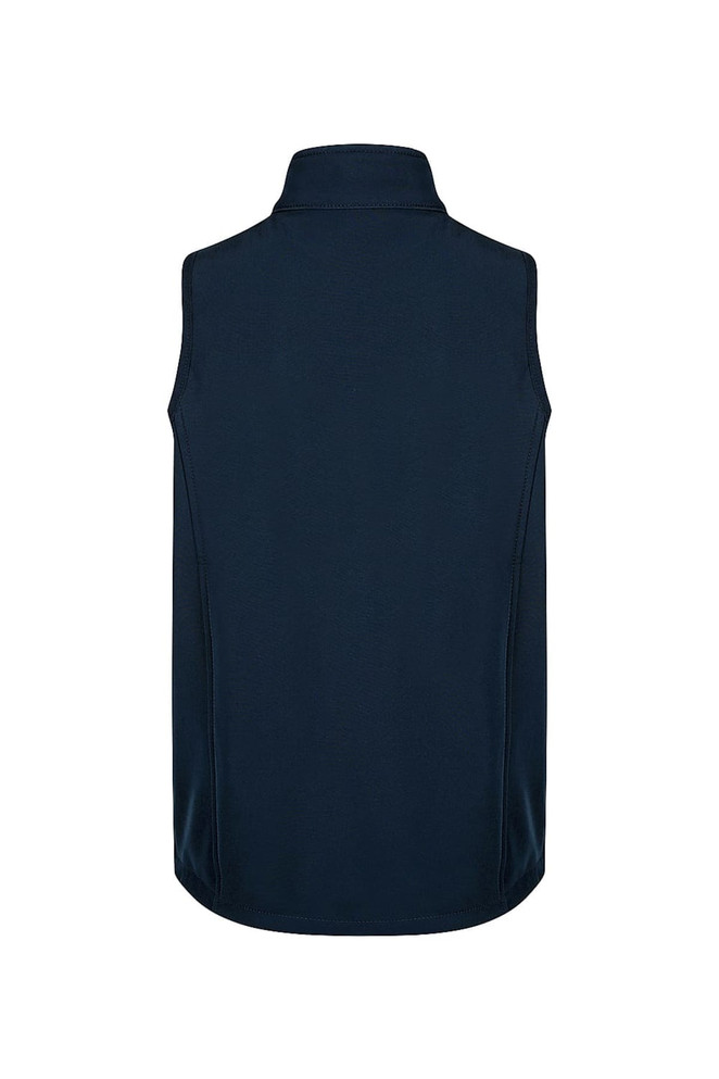 A dark blue kids' vest with a high collar, featuring a logo on the back.