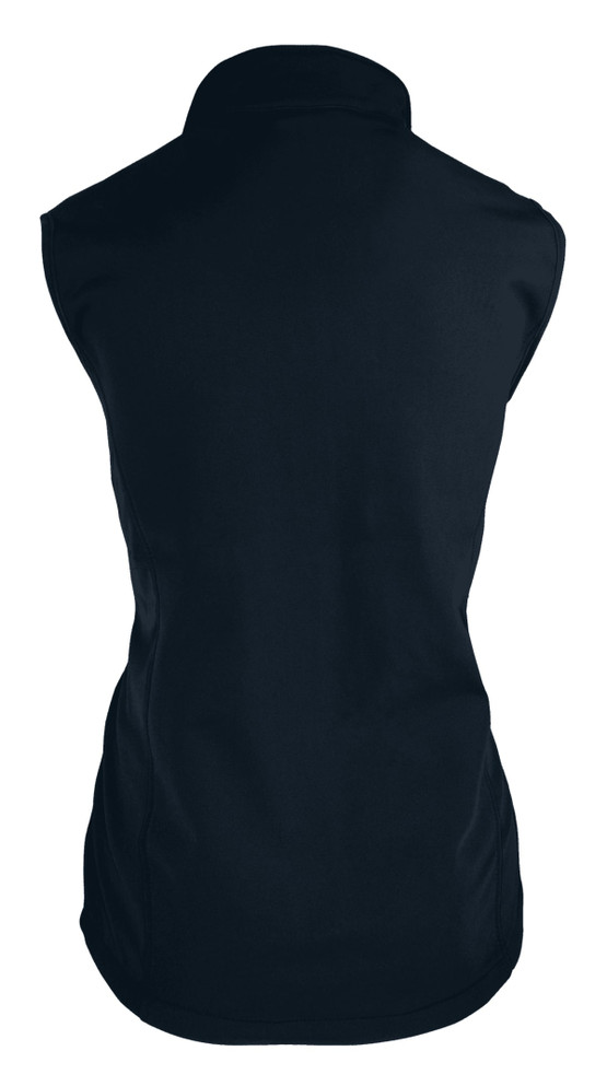 A sleeveless women's vest in navy blue with a fitted design and a collar, featuring a logo.