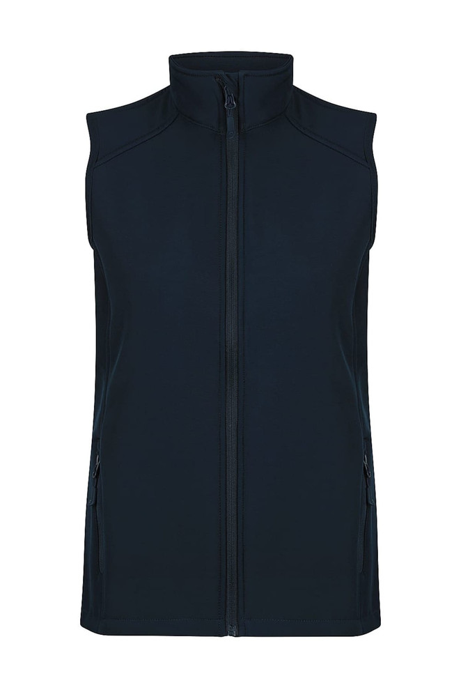 A dark navy sleeveless vest with a high collar and zip closure, featuring side pockets and a logo.