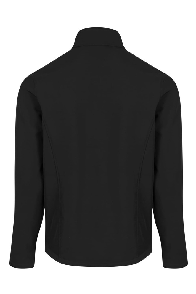 A black soft shell jacket for kids featuring a high collar and long sleeves. It has a logo on the back.
