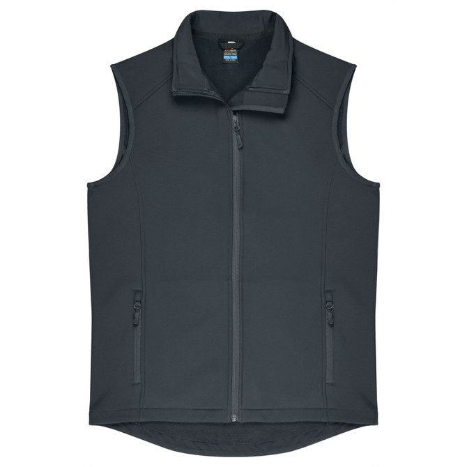 A dark grey men's vest featuring a high collar, zip front, and two side pockets. It has a logo on the chest.