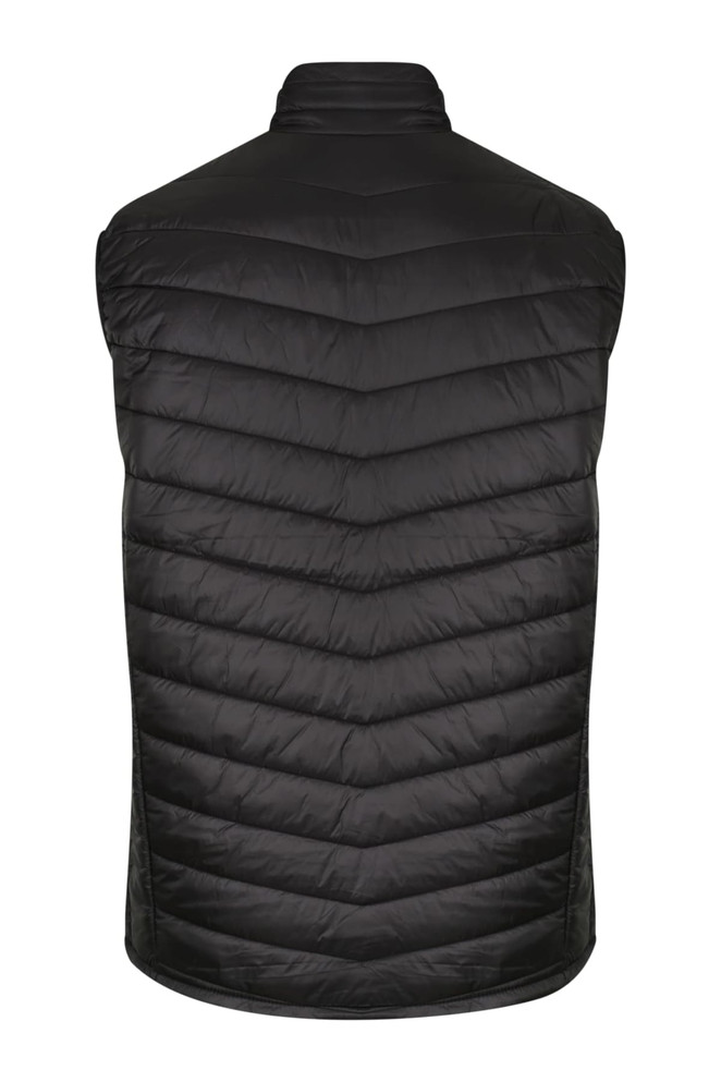 A black men's vest with a quilted design and no sleeves, featuring a logo on the back.