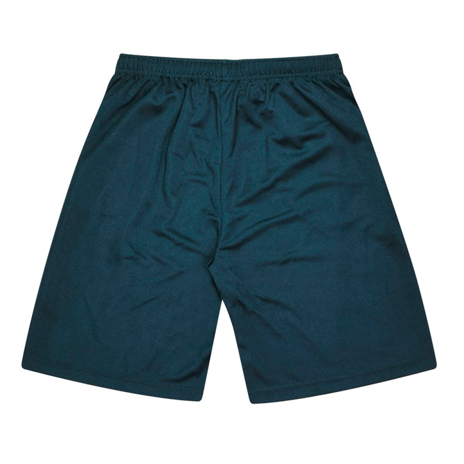 A pair of dark green men's sports shorts featuring an elastic waistband and a simple design.