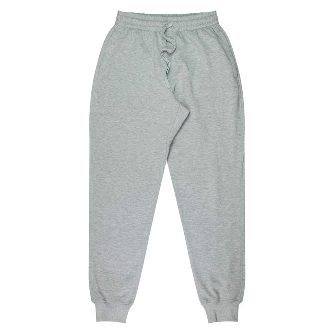 Tapered fleece kids' pants in light grey, featuring an elastic waistband and cuffs, with a small logo.