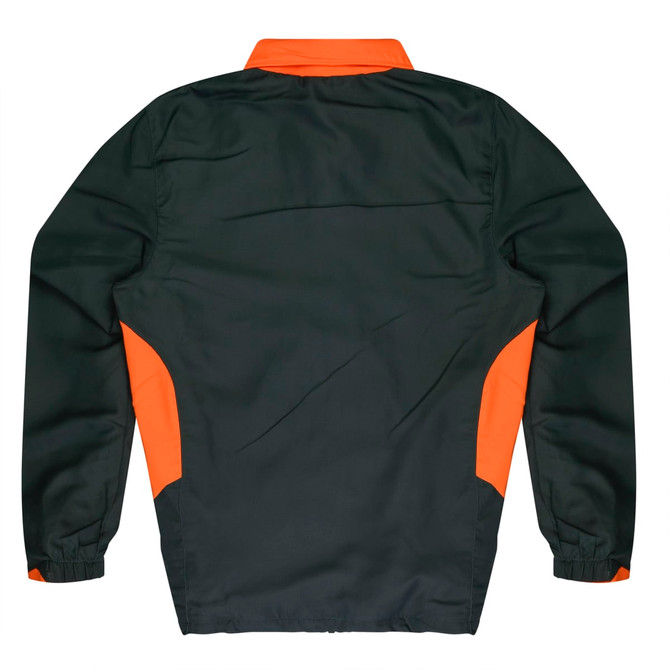 A dark green tracktop with orange side accents, featuring a collar and elastic cuffs. It has a logo on the back.