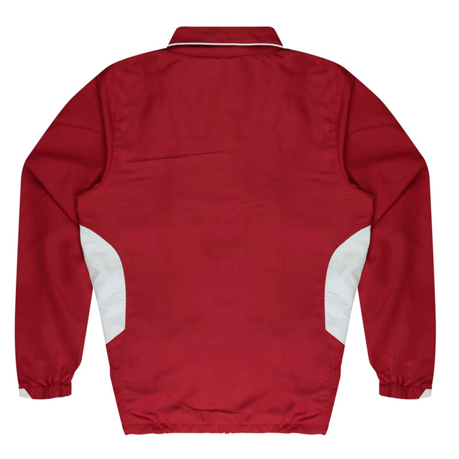 A red tracktop with white panels, featuring elastic cuffs and a collar, and a logo on the back.