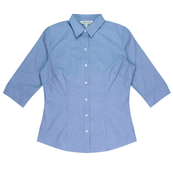 A blue and white checked button-up shirt with 3/4 sleeves and a collar. It has a logo on the chest area.