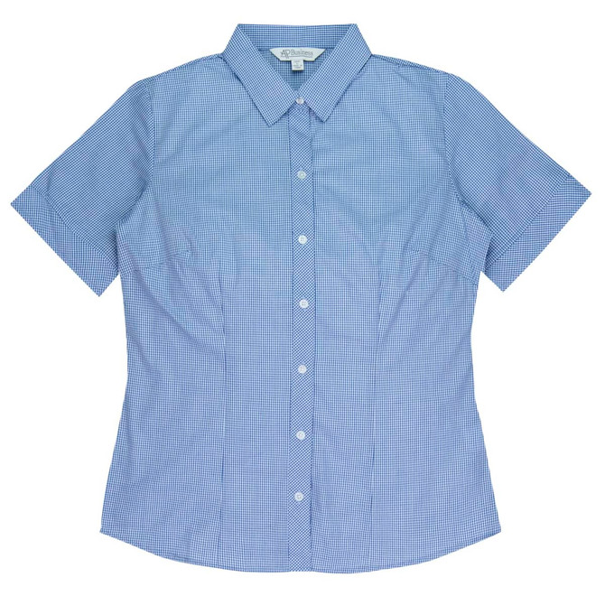 A short-sleeve, button-up shirt featuring a blue gingham pattern. The shirt has a collar and a logo.