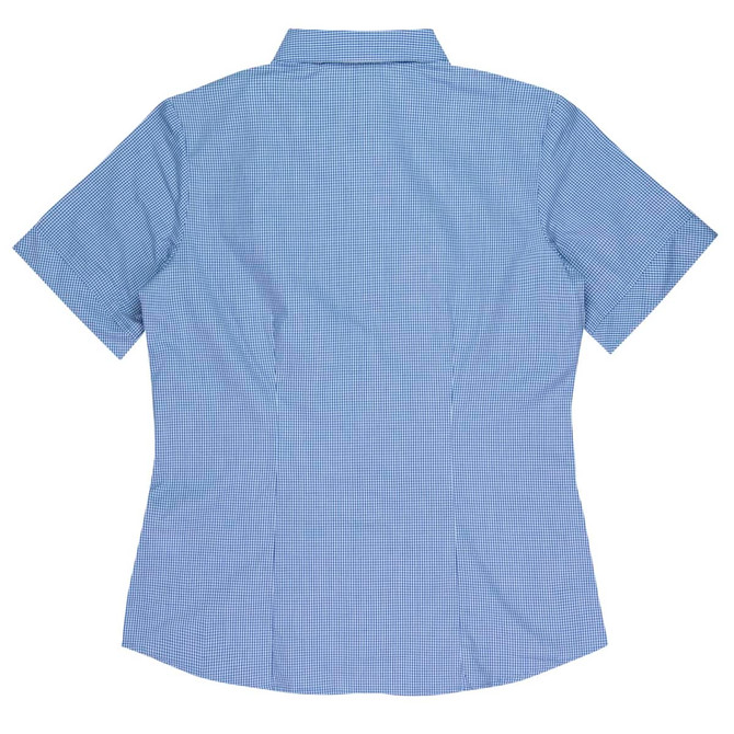 A blue and white checked short sleeve button-up shirt with a collar and branding.