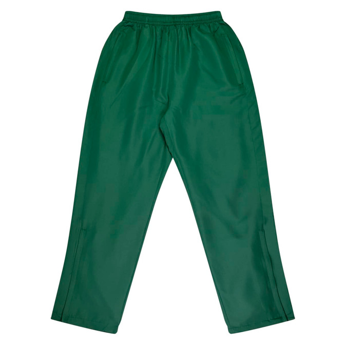 Green track pants featuring an elastic waistband and side pockets, with a logo on the design.