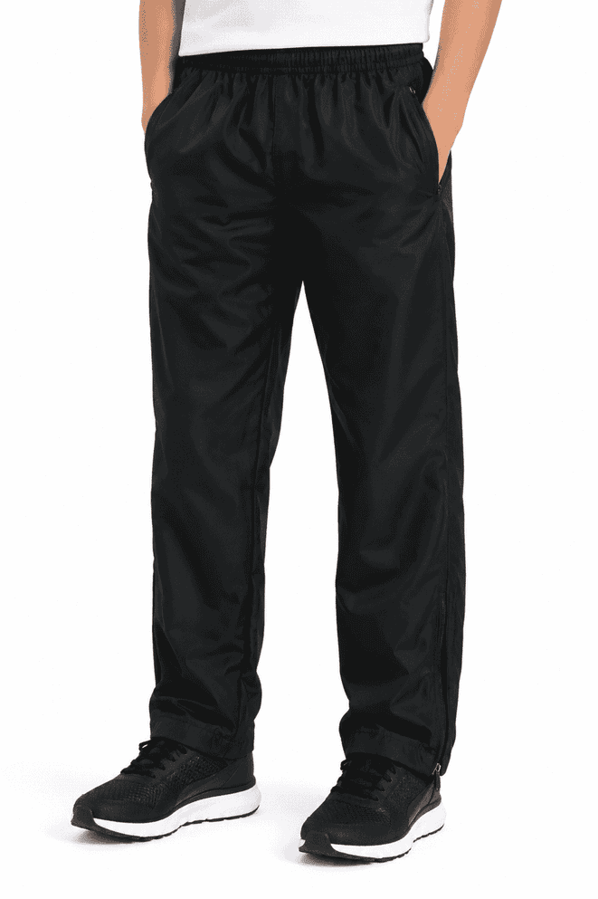 Black kids track pants with pockets, featuring an elastic waistband and a logo on the side.