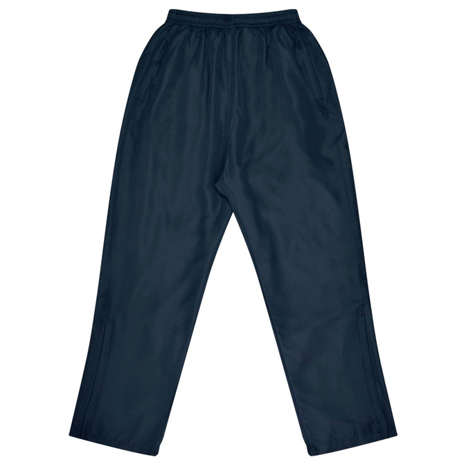 Navy track pants with an elastic waistband, featuring a smooth finish and a logo. Suitable for kids.