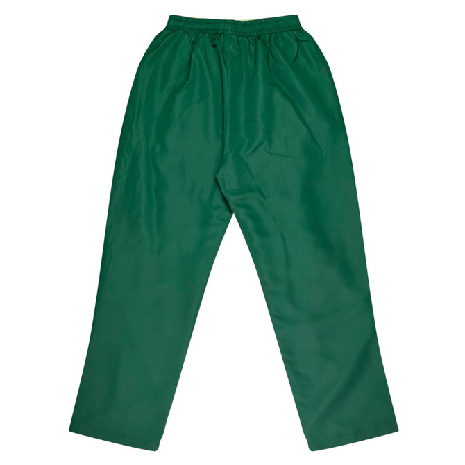 Green kids' track pants with an elastic waistband, featuring a smooth, lightweight fabric and a simple design.