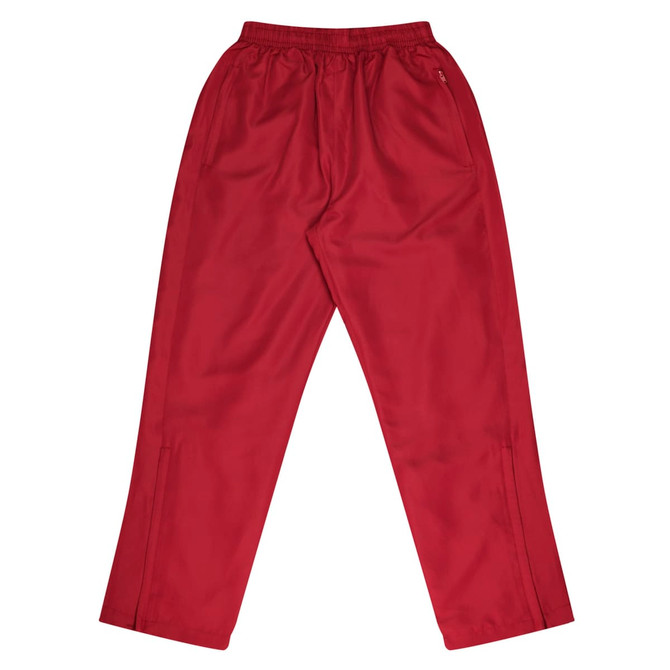 Red track pants with an elastic waistband and a side pocket, featuring a logo on the front.