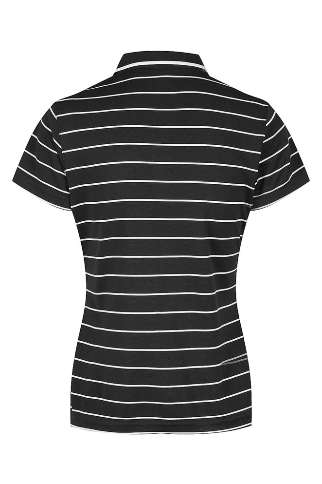 A black and white striped polo shirt with a collar and short sleeves, featuring a branding logo.