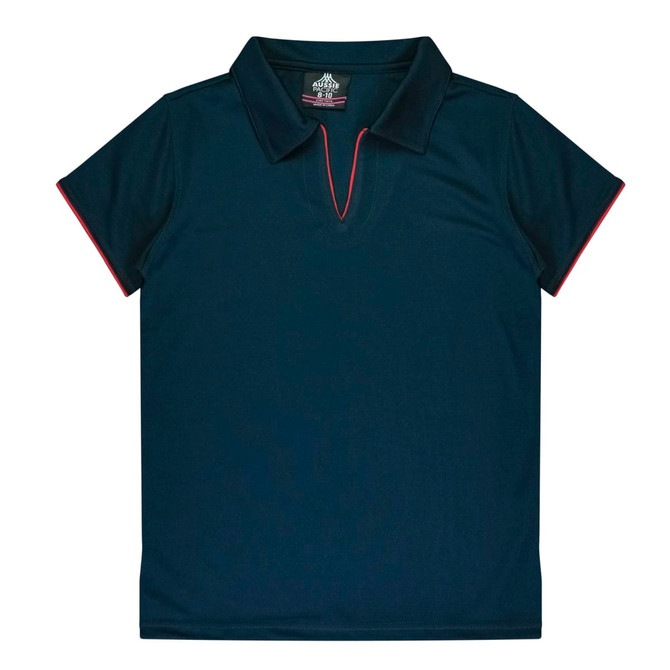 A dark navy polo shirt with a short collar and red trim, featuring a branding logo.