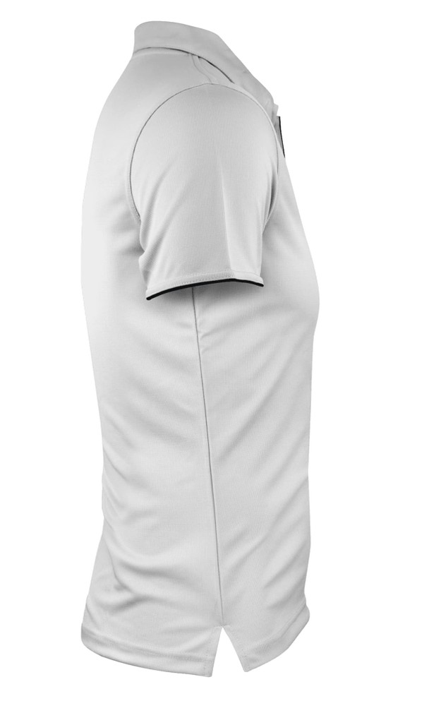 A light grey polo shirt with a collar, featuring short sleeves and a logo on the chest.