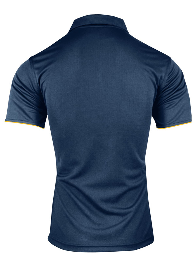 A navy blue polo shirt featuring a contrasting trim, with a branded logo on the back.