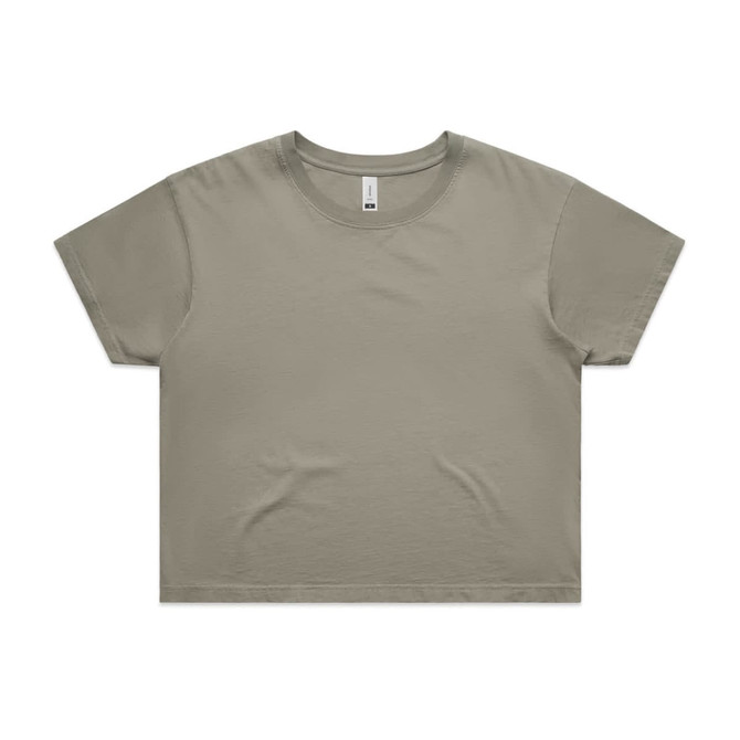 A cropped t-shirt in a faded olive green, featuring a simple design and a logo.