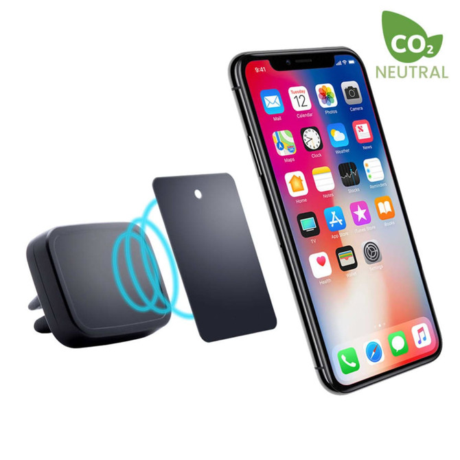 A black rectangle car phone holder with a magnet, next to a smartphone displaying various app icons.