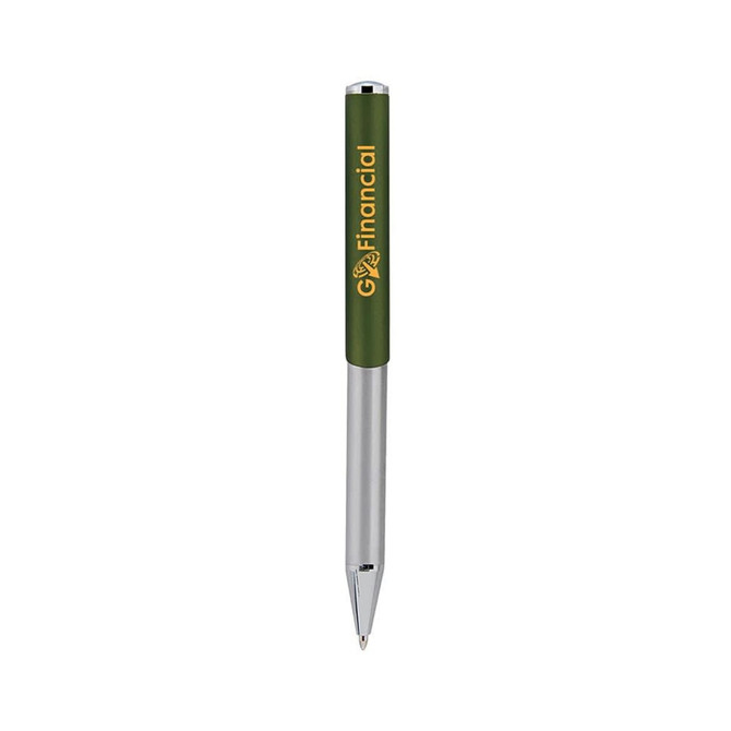 A slim metal pen with a green body and silver accents, featuring a logo on the side.