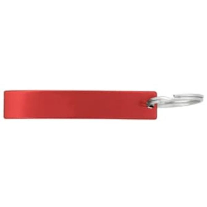 A drink bottle opener in red with a metal keyring attachment and a logo.