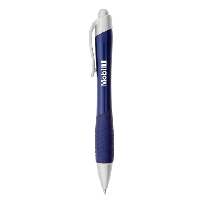 A metallic pen in blue and silver with a grip section and branding on the barrel.