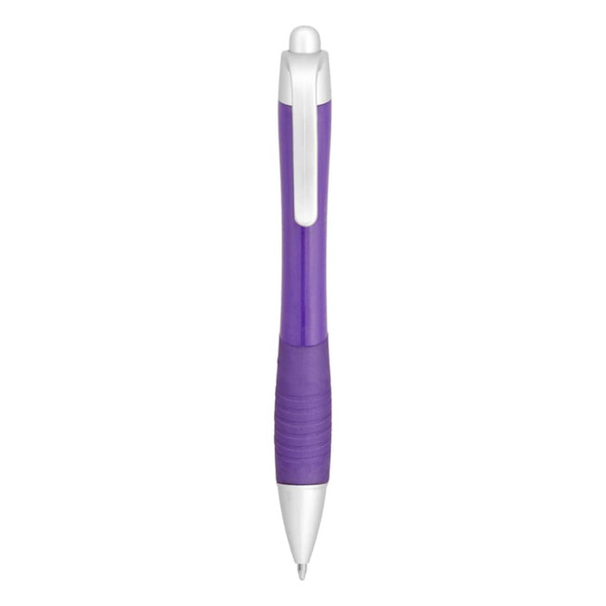 A purple and white metallic pen with a textured grip and a clip, featuring a logo.