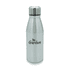 A drink bottle in silver aluminium with a stainless-steel screw top and a logo printed on the side.