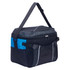 A black and blue cooler bag with a zip closure and adjustable shoulder strap, featuring side mesh pockets and a logo.