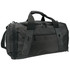 A black duffle bag featuring multiple zippered compartments and a shoulder strap, with a logo on the side.