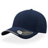 A navy blue cap with a curved visor, featuring a branded tag on the side.