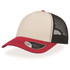 A cap with a cream front and red visor, featuring a black mesh back and a logo on the side.