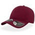 A maroon cap with a curved visor and a logo on the side, designed for headwear.