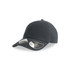 A grey organic dad hat with a curved brim and a logo on the side. Features a mid-visor design.