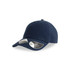 A navy blue organic dad hat featuring a curved brim and an adjustable strap at the back. It has a logo on it.