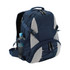 A navy backpack with grey accents, featuring a side pocket for a drink bottle and adjustable straps.