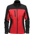 A women's softshell jacket featuring a black and red design, complete with a zippered front pocket and branding.