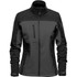 A women's softshell jacket in black and grey features a zip-up front and a high collar. It has multiple zippered pockets and logo branding.