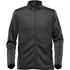 A men's jacket in dark grey with a textured pattern, featuring a high collar and zip-up front. It has side pockets and a logo.