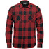 A button-up shirt featuring a black and red plaid pattern, with two chest pockets and a logo.