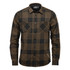 A long-sleeve, button-up shirt featuring a black and brown checkered pattern, with two chest pockets and a logo.