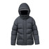 A women's thermal jacket in dark grey, featuring a hood and a puffy design, with a logo on the chest.