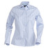 A button-up shirt featuring a blue and white check pattern, with long sleeves and a tailored fit. It has a logo on the label.