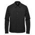 A black men's jacket with a button-up front and a collar, featuring long sleeves and a branded logo.