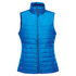 A vibrant blue women's quilted vest with a stand-up collar and a front zipper. It features a logo on the front.