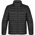 A black men's jacket with a puffy design, featuring a high collar and zippered pockets, along with a logo.