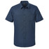 A short-sleeved button-up shirt in navy blue with a subtle pattern and a chest pocket. Features a logo.